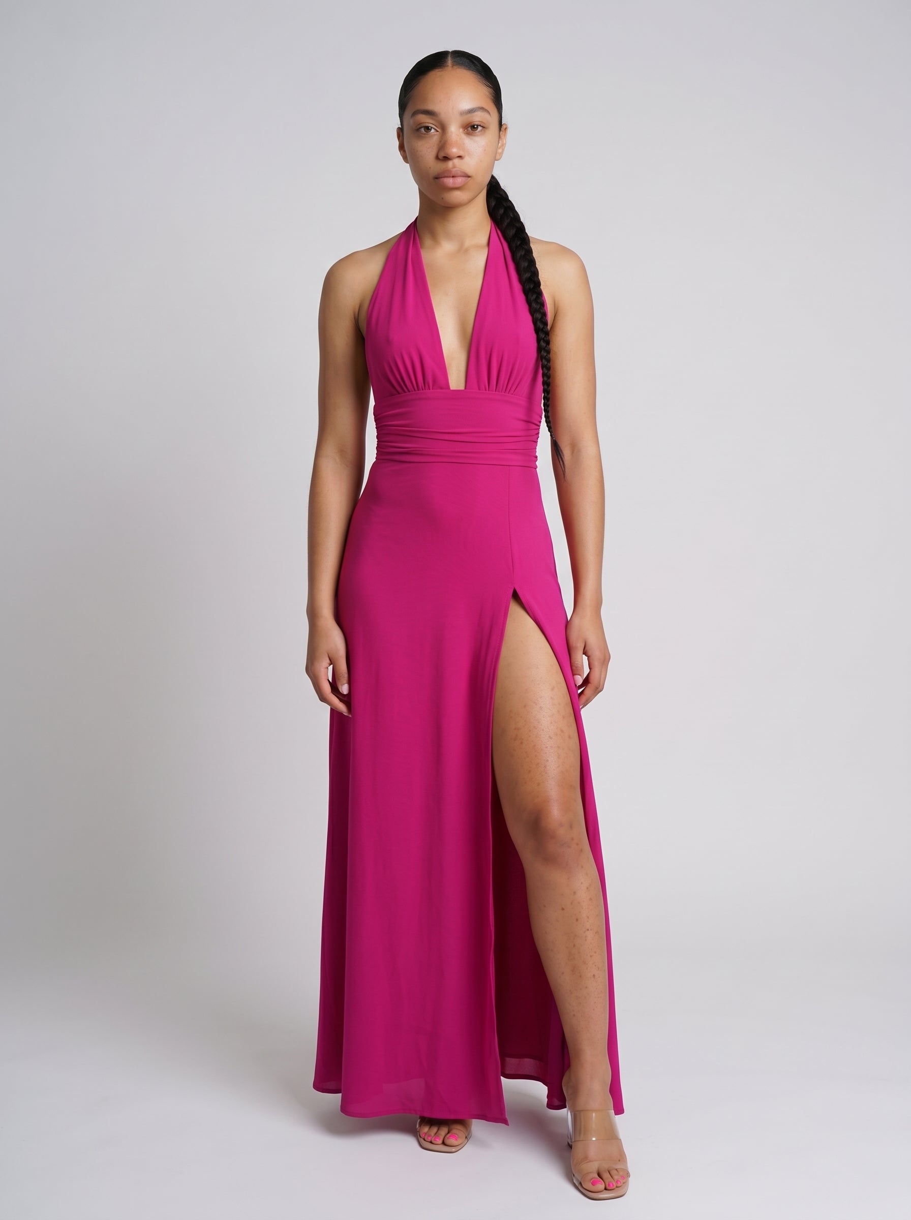 Aria | Elegant Halter Neck Chiffon Maxi Dress with High Side Slit