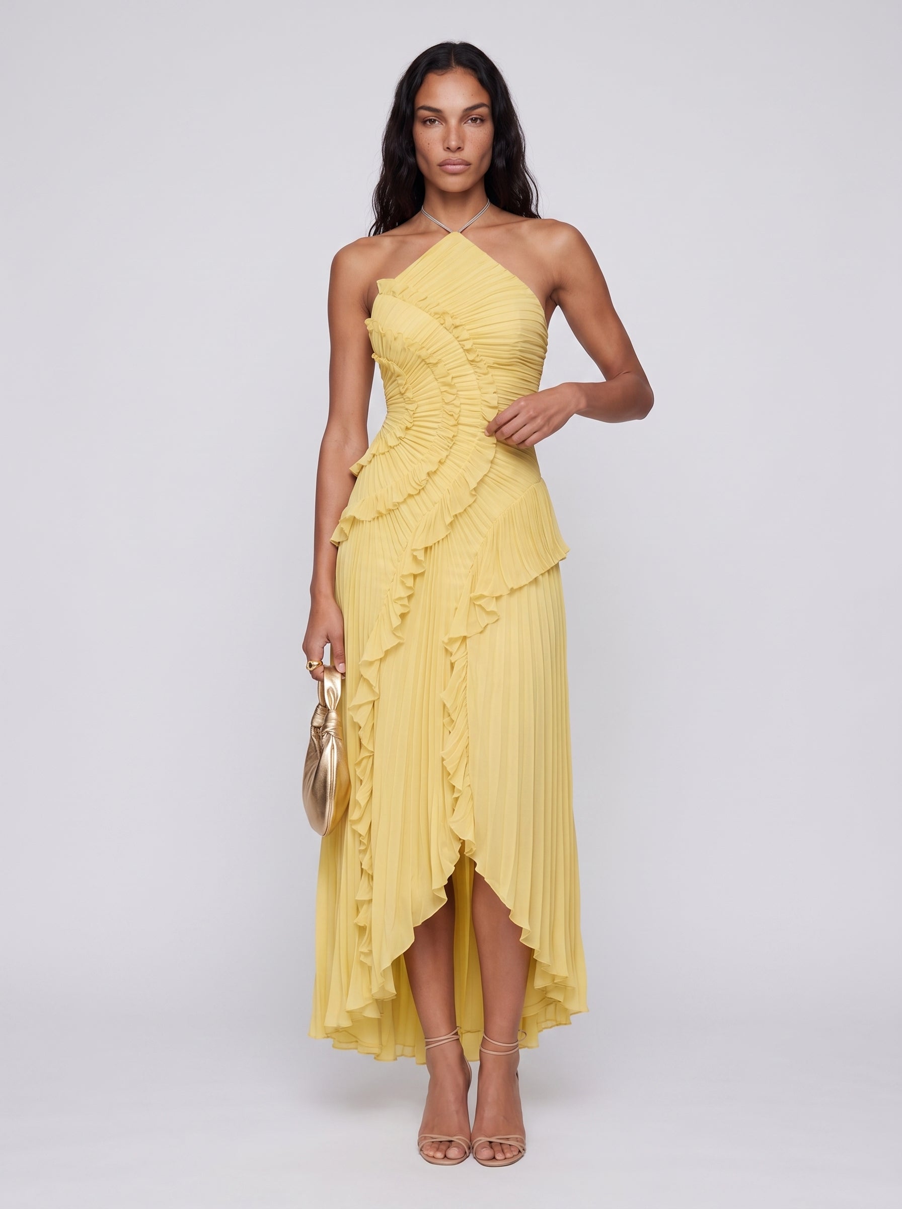 Aria | Graceful Pleated Ruffle Maxi Dress with Halter Neck