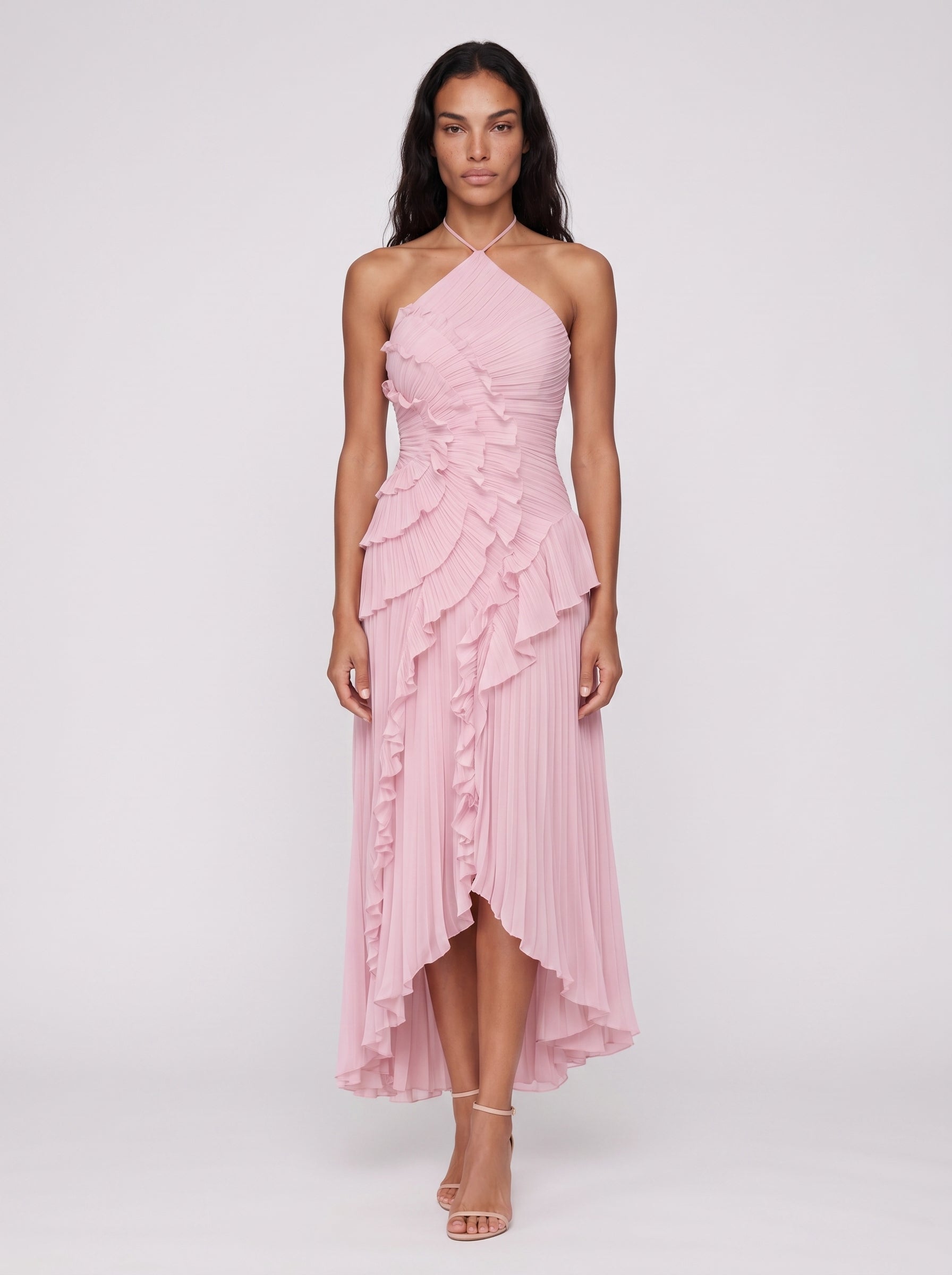 Aria | Graceful Pleated Ruffle Maxi Dress with Halter Neck