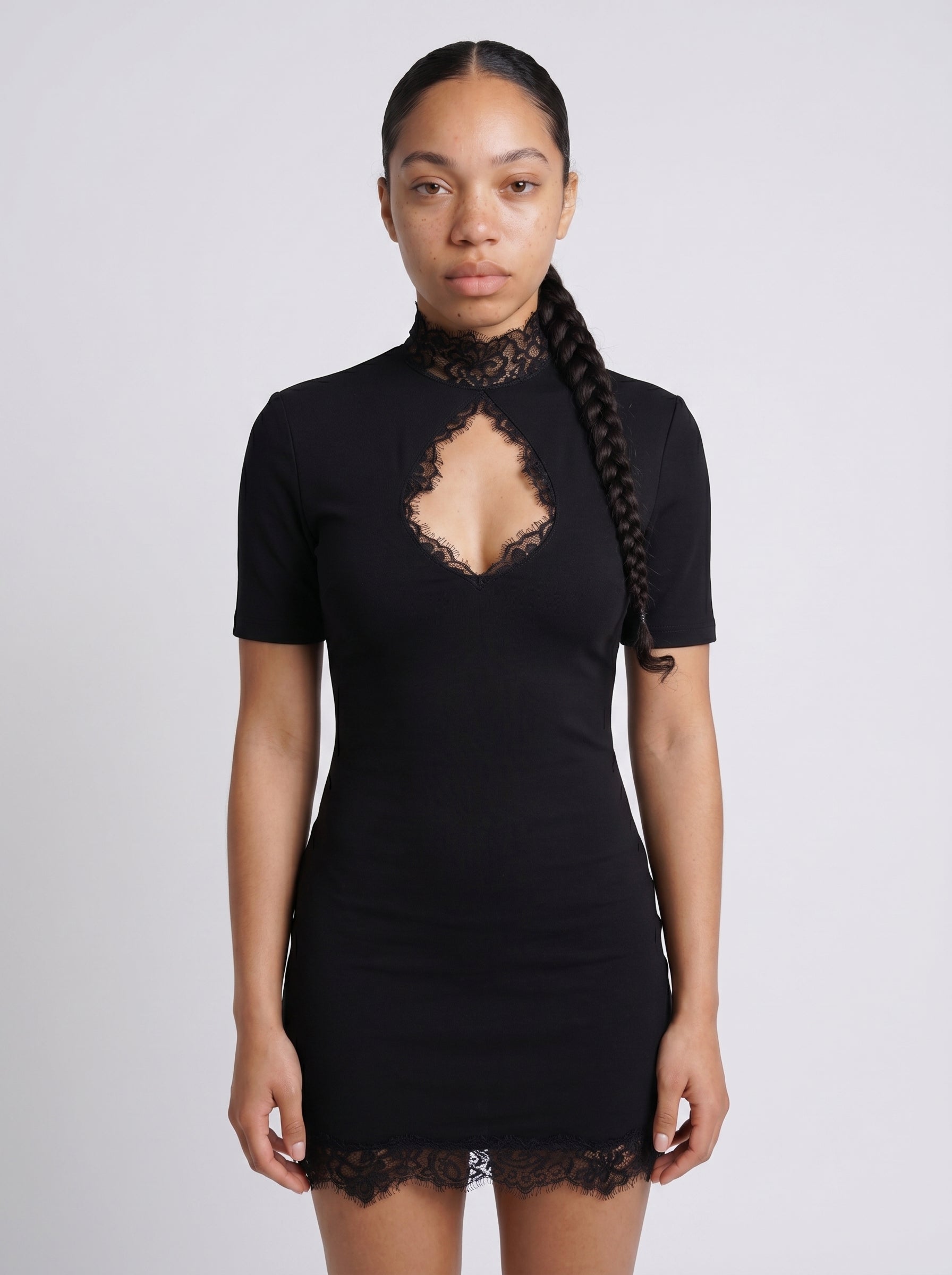 Vera | Sleek Lace Bodycon Mini Dress with High Neck Cutout