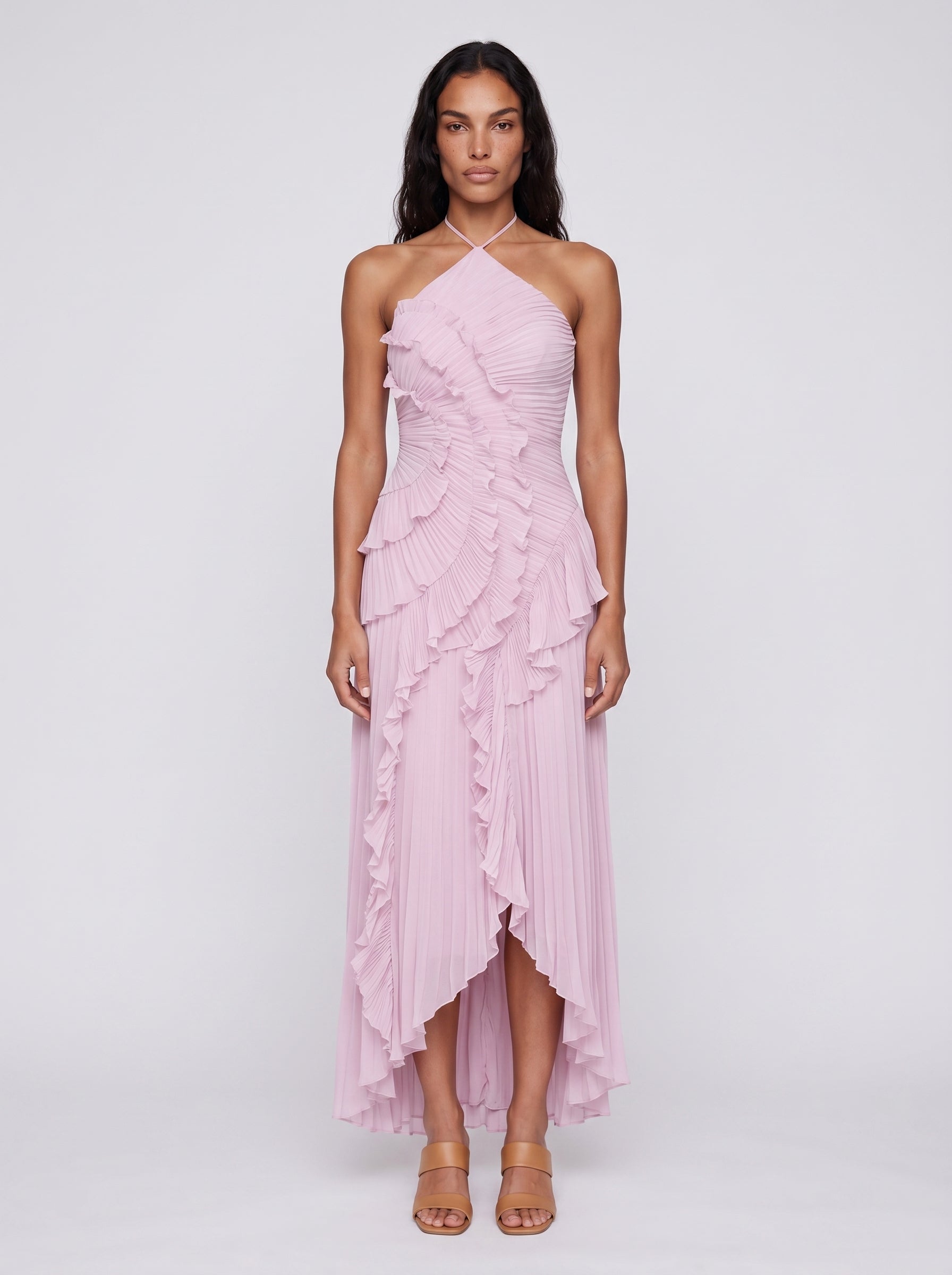 Aria | Graceful Pleated Ruffle Maxi Dress with Halter Neck